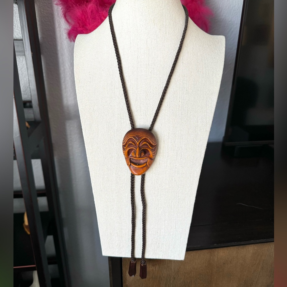 Artisan Carved Mask Bolo Tie Necklace